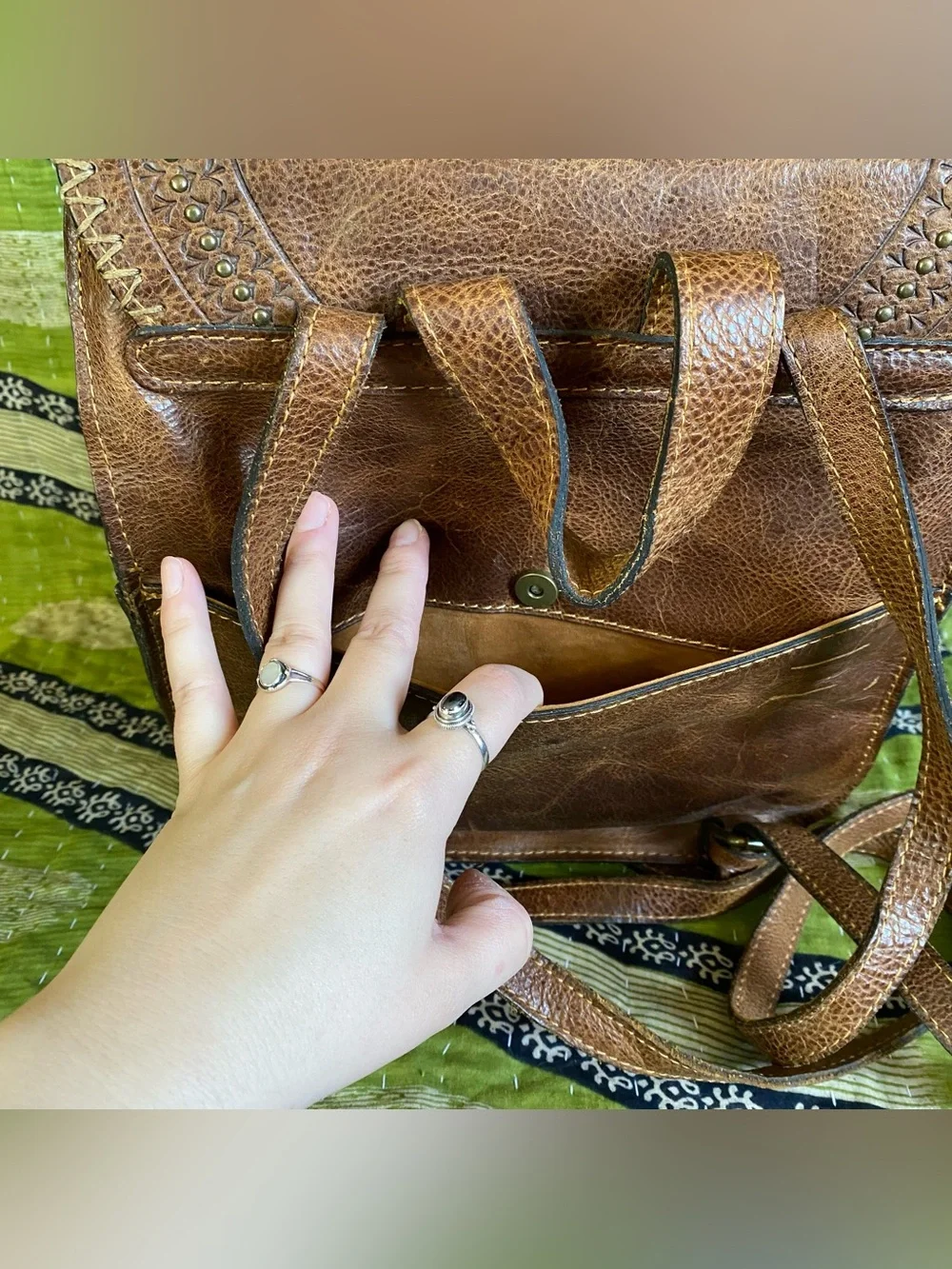 Patricia Nash Distressed Cognac Jovanna Embossed Leather Backpack Western Boho